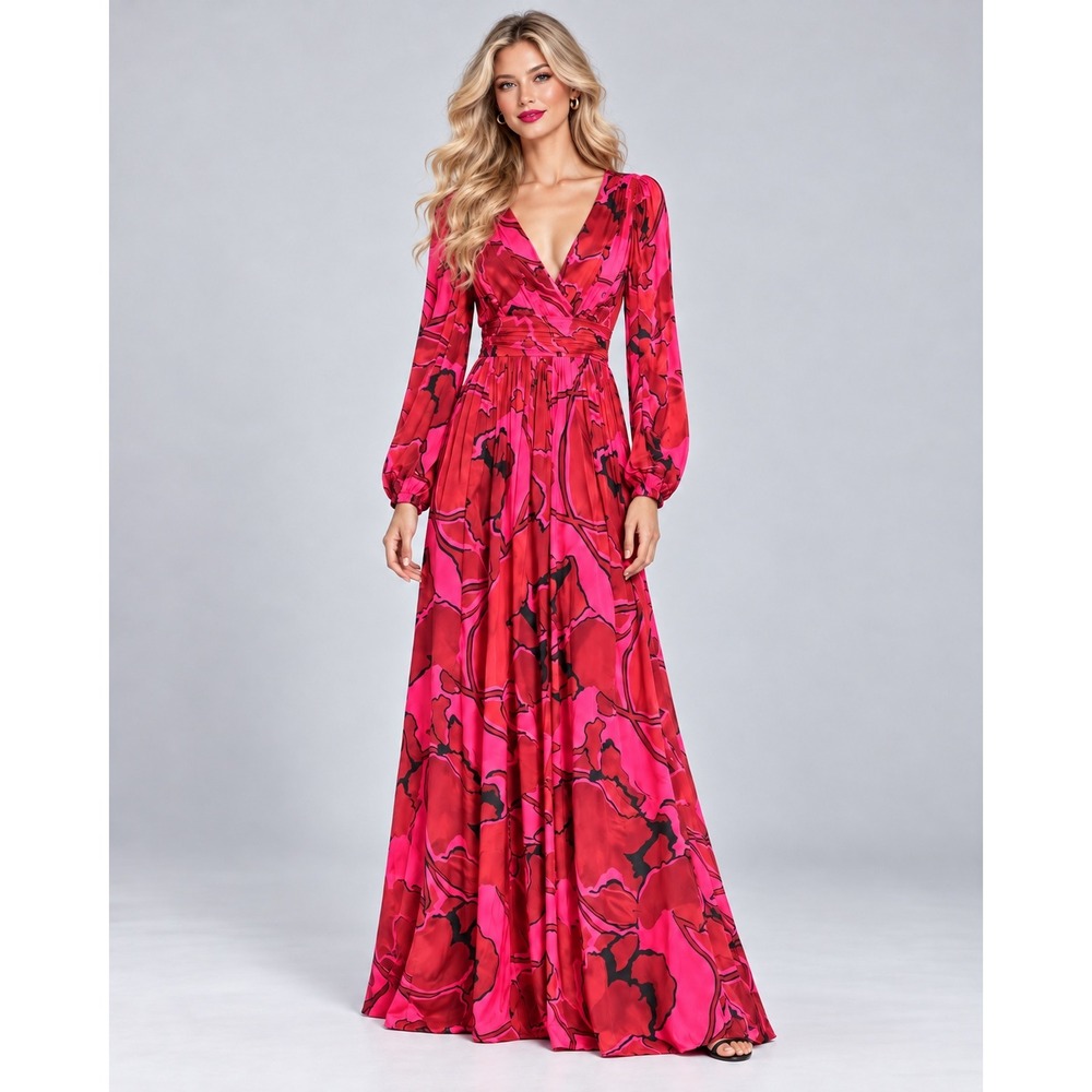 Alex Marie Pink Red Floral Abstract V-Neck Long Sleeve Maxi Dress Sz 4 Gala NWT